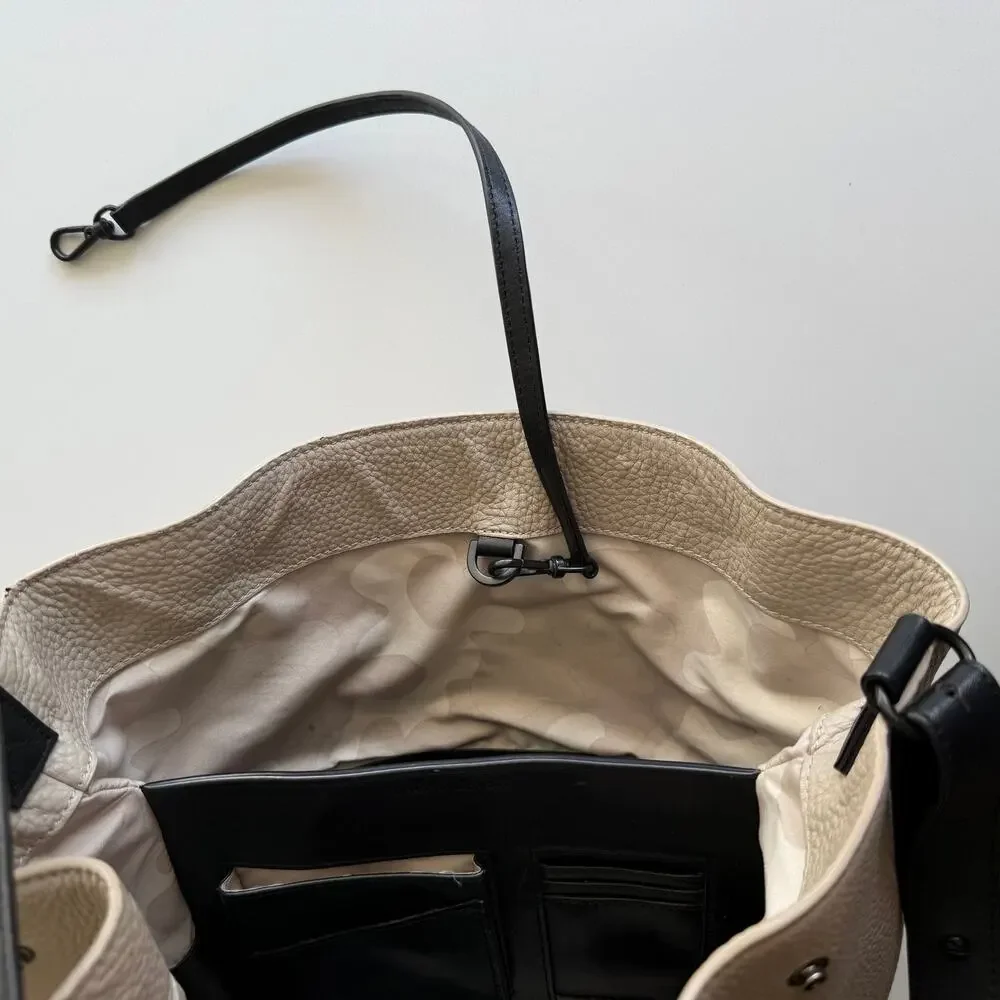 Dagne Dover Ava Bucket Bone Onyx Snap Divided Compartment Leather‎ Shoulder Bag